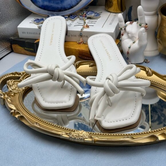 🆕 LOEFFLER RANDALL 🧿 NWOB Hadley Leather Bow Flat Sandals, White - Sz 6 B - Picture 4 of 14